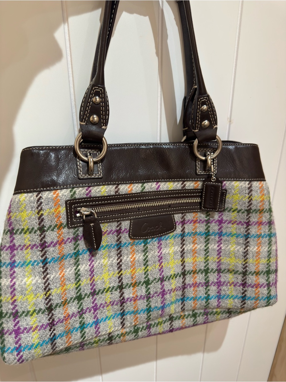 Coach Penelope Plaid Wool Shoulder Bag with Brown Glazed Leather Trim